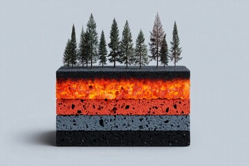 Conceptual cross section of Earth's layers with forest and molten lava on isolated background