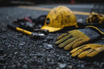 Construction hard hat, safety gloves, and hammer on dark asphalt ground