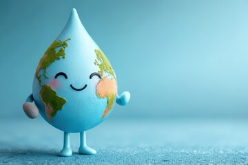 Cute 3D render of earth globe water drop character smiling and waving