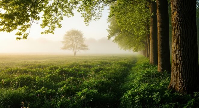 Misty morning scene in a green field with a line of tall trees on the right and a solitary tree standing in the fog in the distance