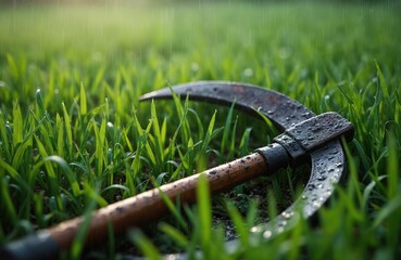 Rustic scythe lies in long wet green grass with rain drops on blade and wooden handle. Old manual cutting tool for harvesting or lawn care in countryside or garden.