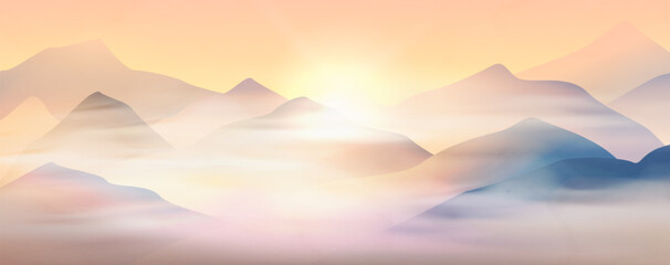 Landscape art background featuring mountains and hills at sunset or sunrise in a foggy watercolor style. A natural banner for decor, prints, packaging, textiles, wallpaper, posters, and interiors.