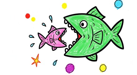 Obraz premium Colorful drawing shows a large green fish about to eat a smaller pink fish playfully.