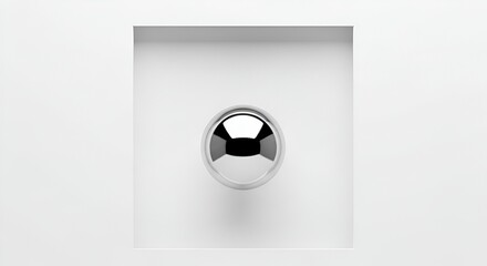 A minimalist abstract of a chrome sphere nestled within a recessed, white square frame design.