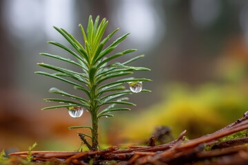 Fresh green conifer seedling with water droplets in forest