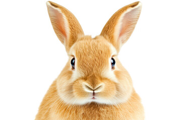 Obraz premium A close-up portrait of a fluffy orange rabbit with large ears and bright eyes. set against a plain white background. the rabbits features for educational and promotional use