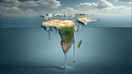 Global continents melting in ocean with water dripping underwater, climate change concept