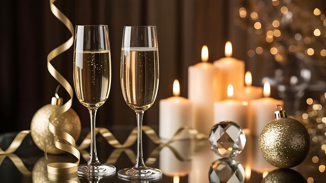 Festive celebration with champagne glasses candles and sparkling decorations ambiance