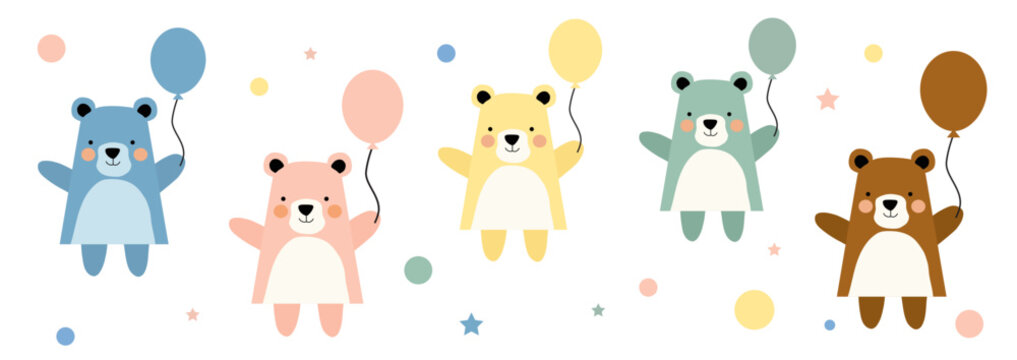 Cute Pastel Teddy Bear Characters with Balloons - Baby Shower, Birthday, Nursery Decor Vector Illustration Set.