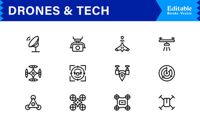 Drones and tech line icon set featuring pixel-perfect editable icons in a modern, minimal style perfect for technology, innovation, and aerial themes.