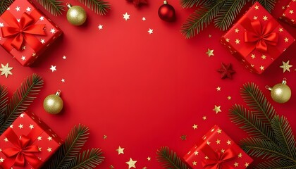 christmas background with christmas tree and decorations. Red Christmas background with gold ornaments, bubbles, and gift boxes. Christmas frame made of gold decorations on a red background .