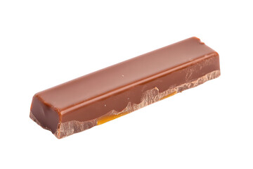 A close-up view of a chocolate caramel bar. its smooth chocolate coating and layered caramel filling. set against a clean white background for a minimalist aesthetic