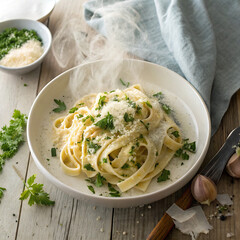 Steaming Fettuccine Pasta with Creamy Alfredo Sauce, Parmesan & Parsley