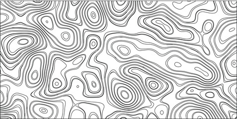 Black and white topographic map contour lines creating an abstract organic pattern with swirling shapes and concentric circles on a white background