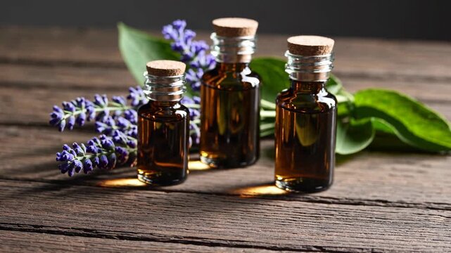Aromatic oils in glass bottles with lavender, captured at eye level. Rustic wood background enhances the natural, calming video aesthetic.