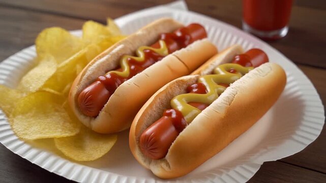 Hotdogs with ketchup and mustard, potato chips on the side, white paper plate, mp4 video. AI