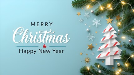 Merry Christmas and Happy New Year background for Greeting cards with tree Branches christmas tree gold paper and gold stars.Merry Christmas vector text Calligraphic Lettering Vector illustration. See