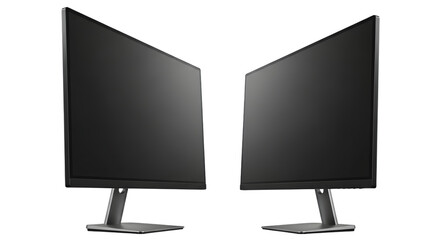 Two modern computer display monitors shown angled towards each other, isolated on transparent background