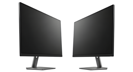 Two modern computer display monitors shown angled towards each other, isolated on transparent background