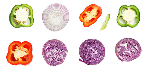 A arrangement of sliced vegetables including green and red bell peppers. red onion. and purple cabbage. their fresh textures and colors against a clean white background. ideal for culinary presentatio