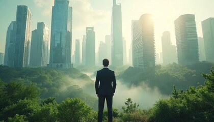 Man in suit looks at futuristic city skyline over green misty forest hills. Represents future urban development corporate strategy and eco business growth.