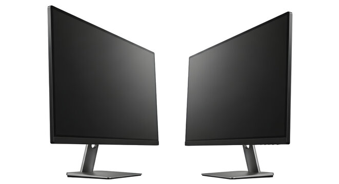 Two modern computer display monitors shown angled towards each other, isolated on transparent background