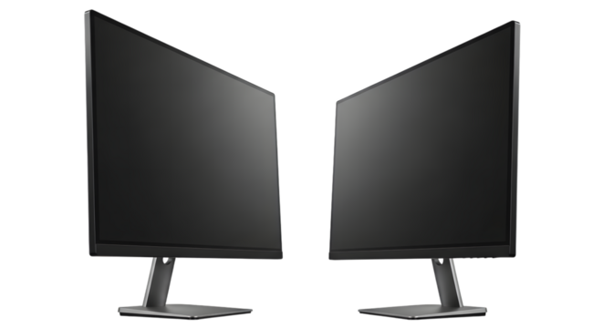 Two modern computer display monitors shown angled towards each other, isolated on transparent background