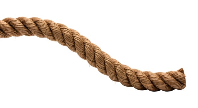 Close up of a thick, twisted brown natural fiber rope curving diagonally against a pure transparent background isolated on transparent background