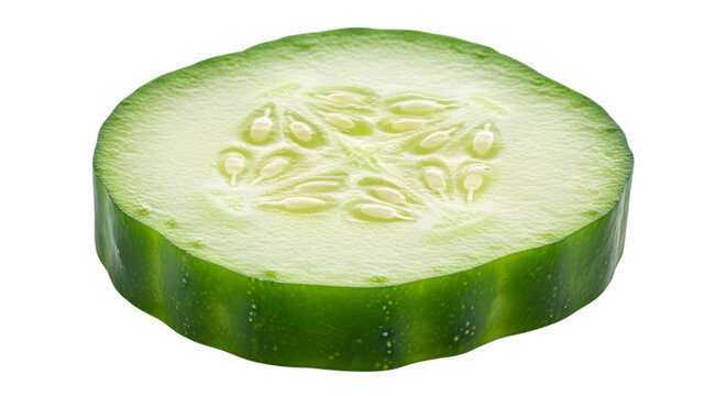 Close up of a single fresh green cucumber slice showing seeds and texture isolated on transparent background - Powered by Adobe