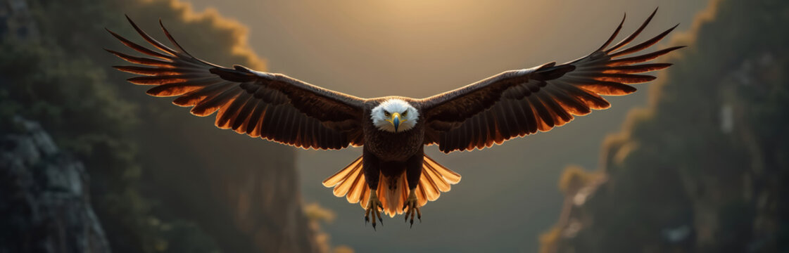 Majestic bald eagle with spread wings soars through hazy mountain canyon at sunrise. Bird of prey glides over rugged terrain with sunlight illuminating its feathers. - Powered by Adobe