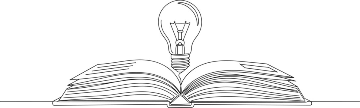 A single continuous line drawing of an open book with a lightbulb, symbolizing the birth of an idea from knowledge, learning, and education