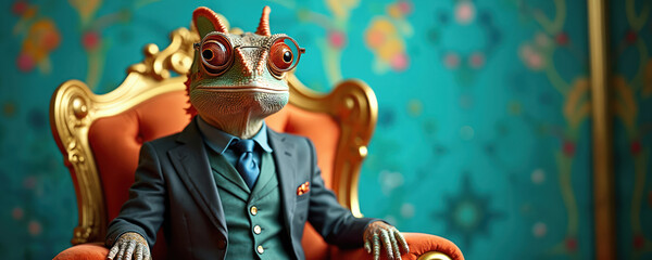 A stylish chameleon in a business suit and glasses sits on a golden throne. The reptile has a regal expression against a colourful surreal backdrop.