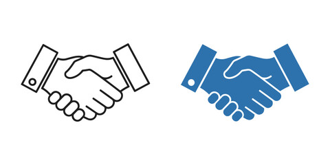 Fototapeta premium Set of two handshake icons, one outline and one solid blue, symbolizing agreement, partnership, and business deal isolated on