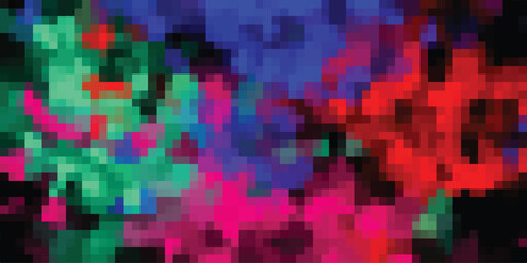 Energetic abstract mosaic of pixelated colors in green, pink, blue, and red, forming a vibrant and dynamic digital art background with a sense of movement and depth