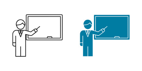 Icon set showing a teacher or presenter pointing at a blank whiteboard or chalkboard in both outline and solid blue style, isolated on