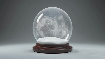 A clear glass snow globe with a wooden base, featuring white snow inside and suspended particles against a plain grey background. - Powered by Adobe