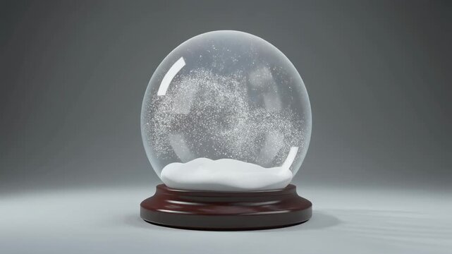 A clear glass snow globe with a wooden base, featuring white snow inside and suspended particles against a plain grey background.