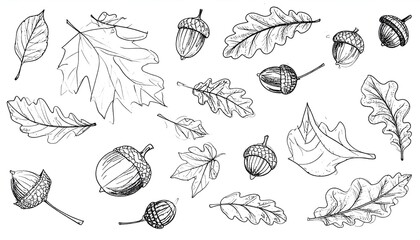 Detailed black and white illustration of various oak leaves and acorns scattered across a white background