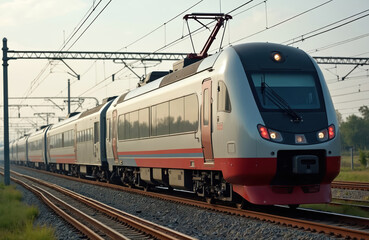 Obraz premium Electric train speeding along railway track. Modern passenger transport moves swiftly through countryside landscape. Scenic route efficient travel technology. Ideal for illustrating future mobility,