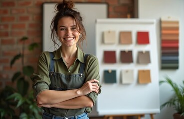 Smiling woman interior designer poses arms crossed near color samples. She works in office, wearing casual clothes. Project, design, business concept. Creative female looks at camera.