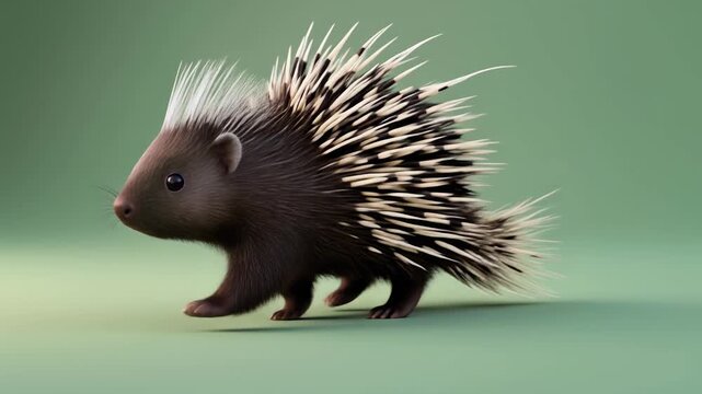 A cute baby porcupine with sharp quills walking on a smooth green surface, viewed from the side.