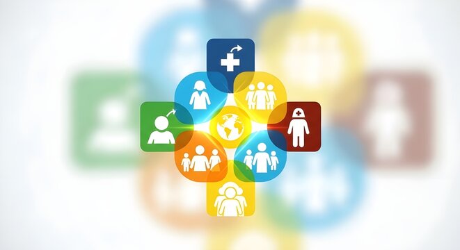 Global community health network connecting people for better healthcare access and social support, vibrant and inclusive, perfect for corporate responsibility initiatives