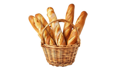 A basket filled with several freshly baked baguettes, ready to be enjoyed.