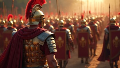 Obraz premium Back view of Roman legionnaires army. Soldiers wear red cloaks and helmets with crests. Legionary warrior soldiers stand in formation ready for battle on war. Troops, army, and military.