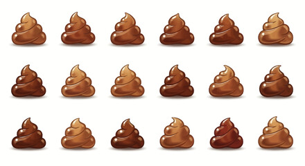 Fifteen brown emoji poos are arranged in a threebyfive grid on a white background