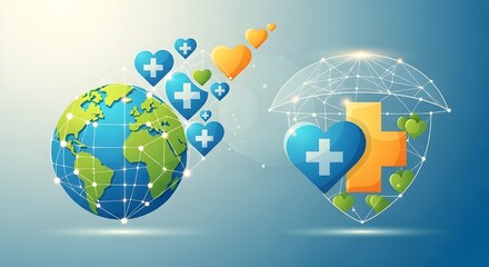 Global healthcare concept featuring Earth, heart symbols, and medical crosses promoting wellness and international health awareness and global medical solutions