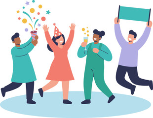 Modern Flat Celebration People with Confetti and Banner Illustration