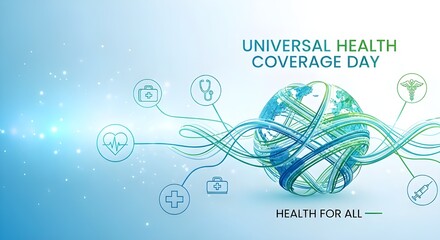Promote Universal Health Coverage Day with this inspiring design emphasizing health for all, featuring a world globe and medical icons in soothing colors