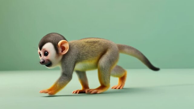 A detailed close-up shot of a cute squirrel monkey walking on a smooth green surface with a matching background.