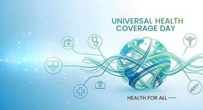 Promote Universal Health Coverage Day with this inspiring design emphasizing health for all, featuring a world globe and medical icons in soothing colors